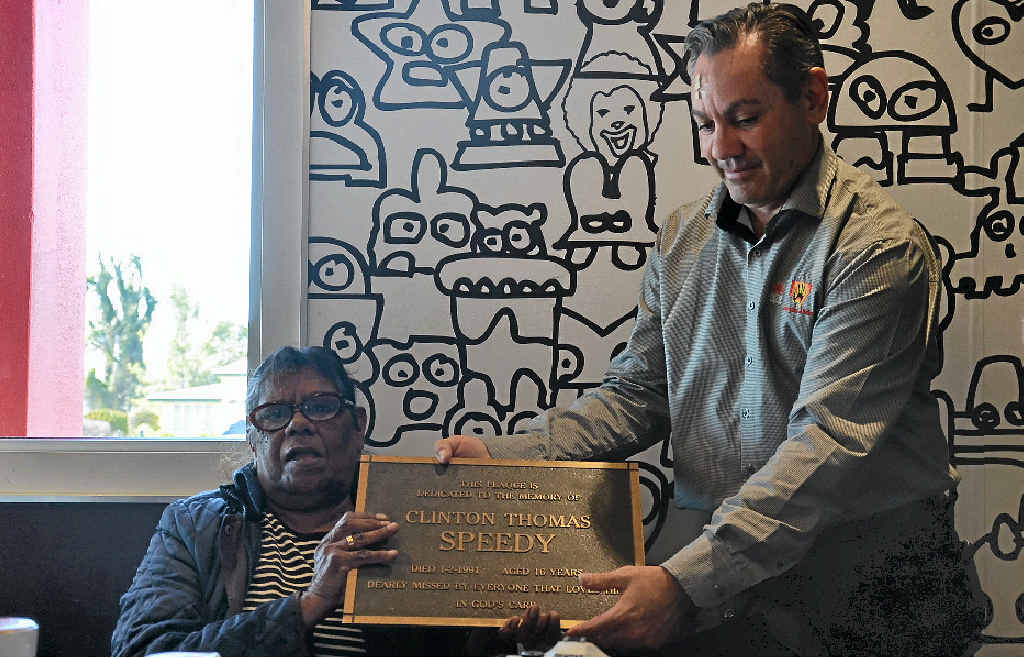 MEMORY LIVES ON: June Speedy is presented with the memorial plaque to her son Clinton Speedy by NSW Aboriginal Affairs representative, Ken McIntosh. MEMORY LIVES ON: June Speedy is presented with the memorial plaque to her son Clinton Speedy by NSW Aboriginal Affairs representative, Ken McIntosh.